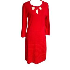 Nine West Red Knit Dress Bow Knit Cutout 3/4 Sleeve Sheath Large Sweater Dress